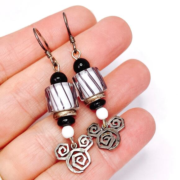 Sterling Silver Modernist Drop Earrings with Striped Black and White Glass Beads - Picture 4 of 11